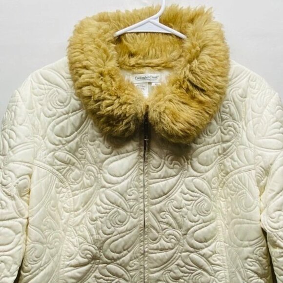 Coldwater Creek Jacket Women's 1X Cream Paisley Faux Fur Exclusive Deco Coat EUC - Picture 2 of 15